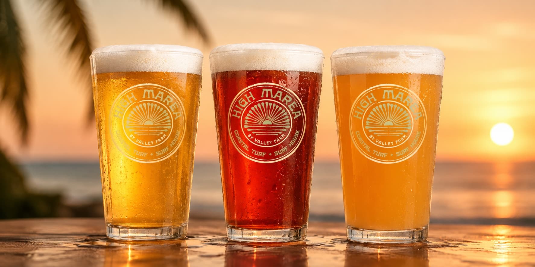 Three draft beers in High Marea glasses