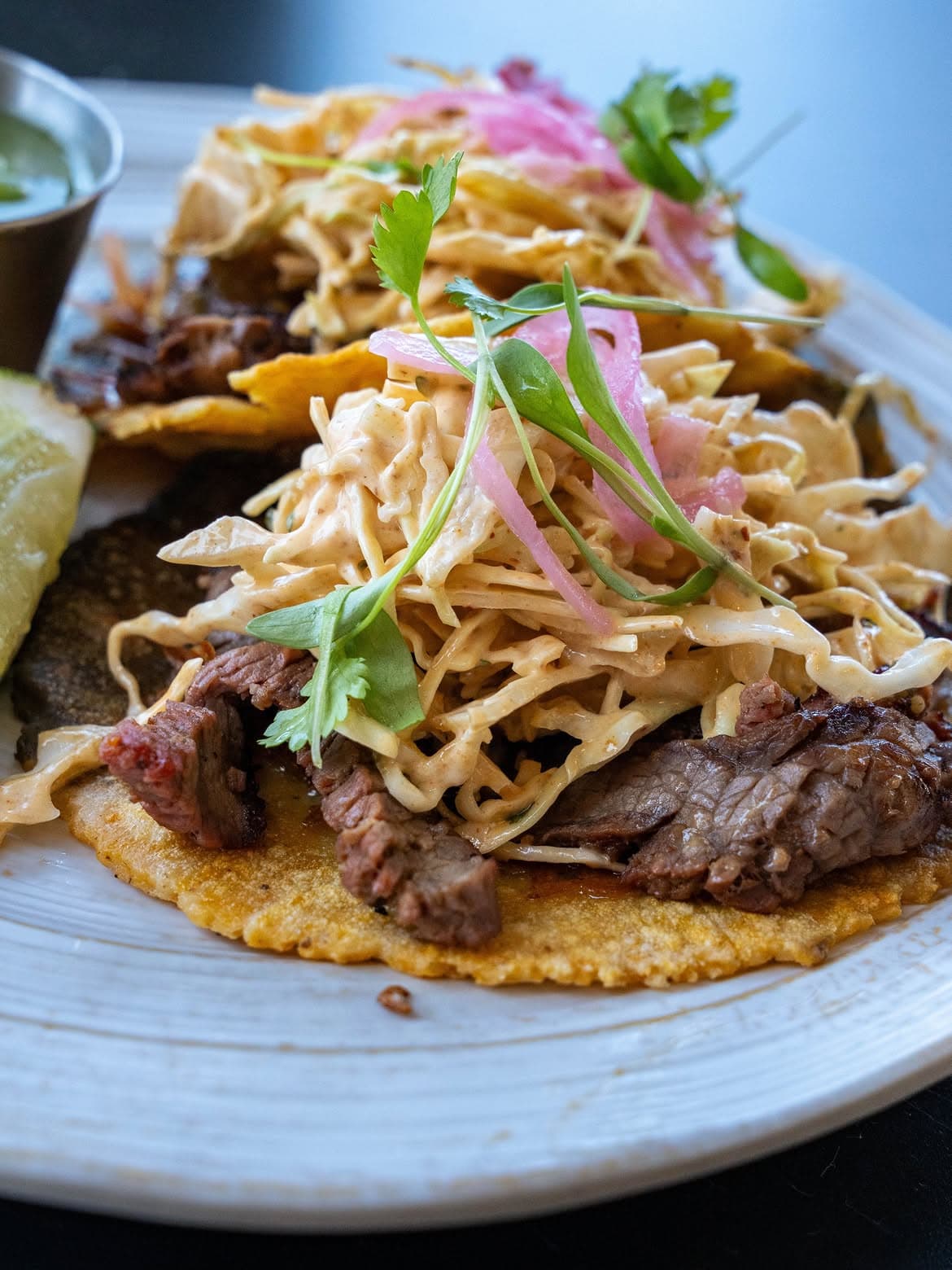 Close-up of High Marea smoked arrachera steak tacos with cabbage, pickled onions and micro cilantro